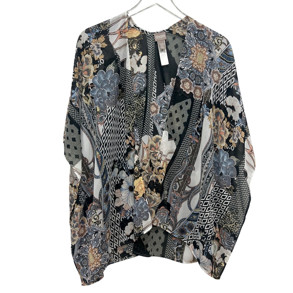 Chicos Womens Floral Geometric Patchwork Kimono Wrap Sheer Chiffon S/M NWOT Boho
